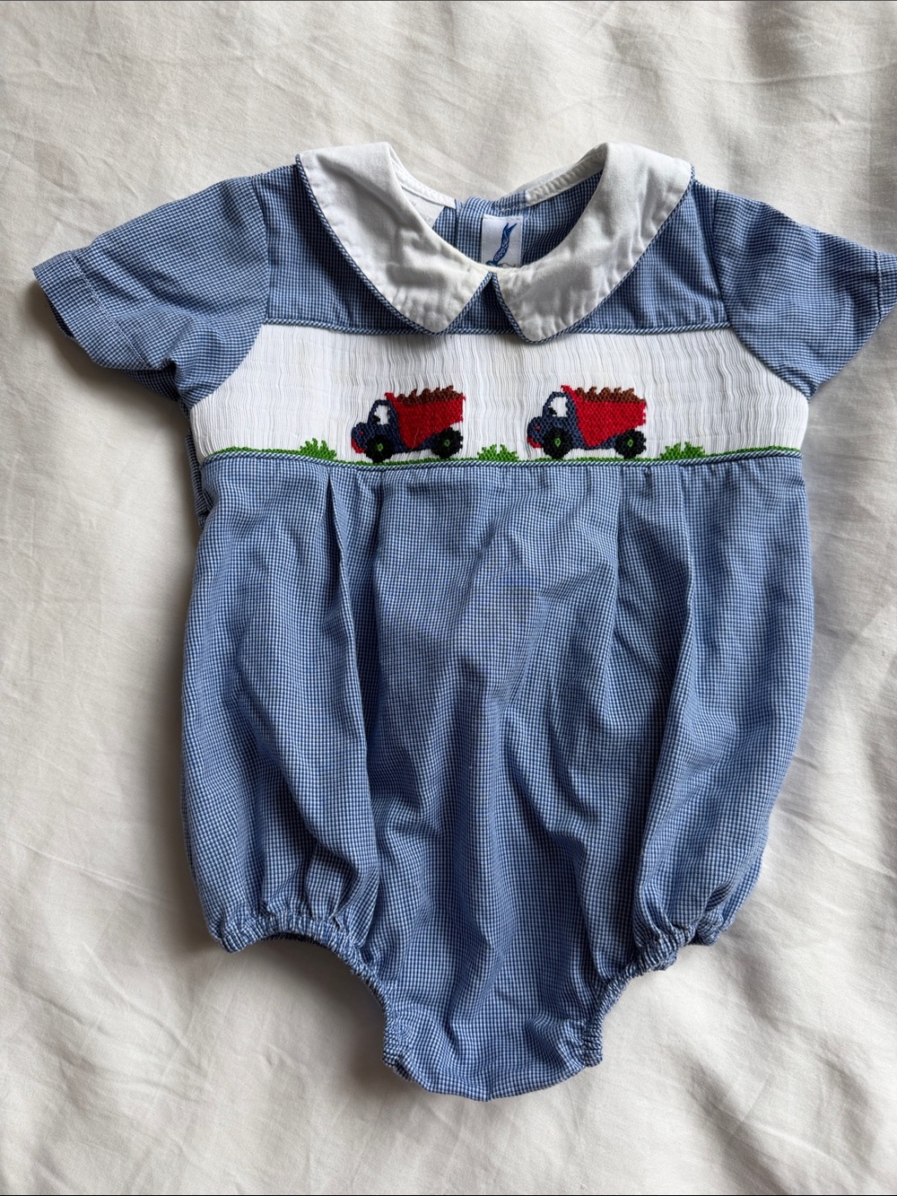 Silly Goose Blue Gingham Baby Romper with Red Truck Smocking